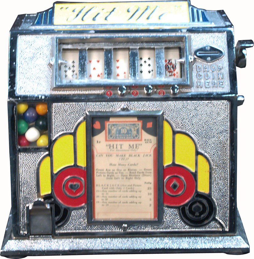 1 Cent Countertop "Hit Me" 5-Reel Poker Hand Gumba: 1 Cent Countertop "Hit Me" 5-Reel Poker Hand Gumball Trade Stimulator c1934 by Pierce w/ skill stops & keys