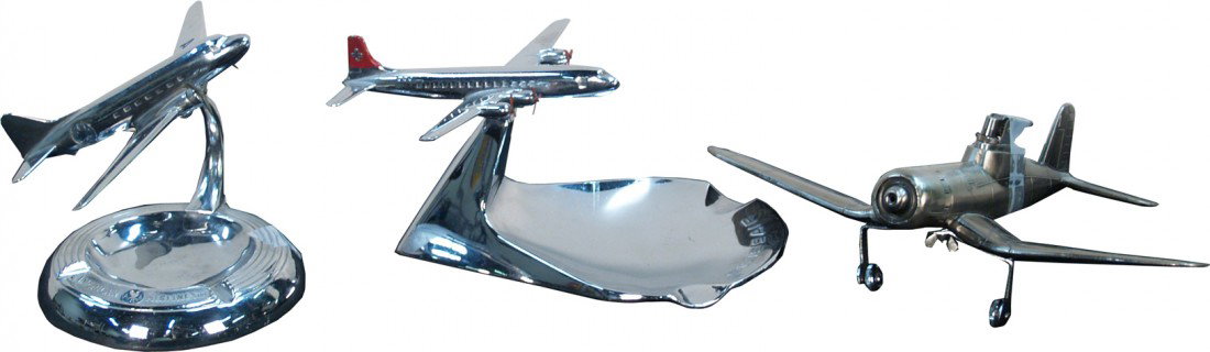 Lot Of 3 Airplane Related Items: 1 - American Air: Lot Of 3 Airplane Related Items: 1 - American Airlines ashtray, 1 - Swissair ashtray & 1 - F4U-1 Corsair butane lighter
