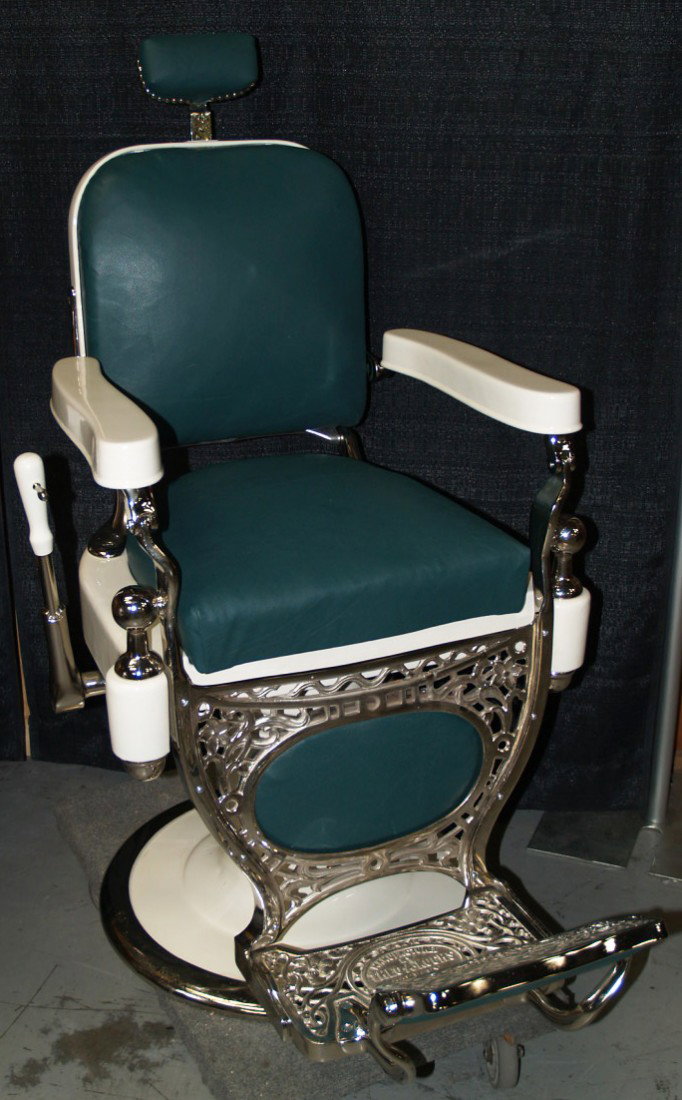 Restored "Koch" Barber Chair: Restored "Koch" Barber Chair White w Nickel Plating & Green Leather Fresh Restoration