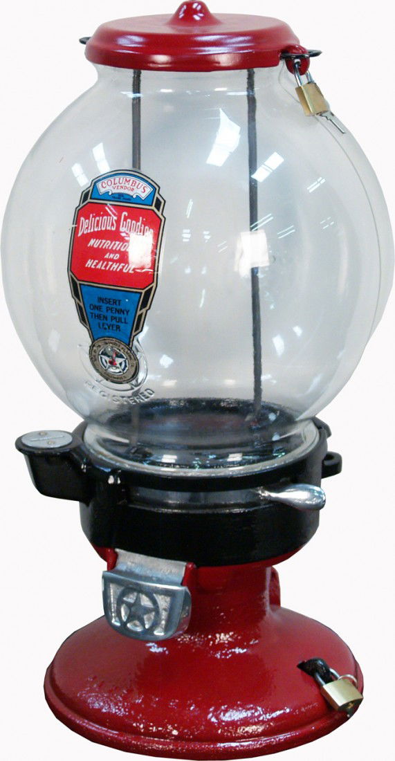 1 Cent Countertop Cast-Iron Base & Top Columbus Mo: 1 Cent Countertop Cast-Iron Base & Top Columbus Model A Peanut Bulk Vending Machine c1920's (repaint) w/ keys