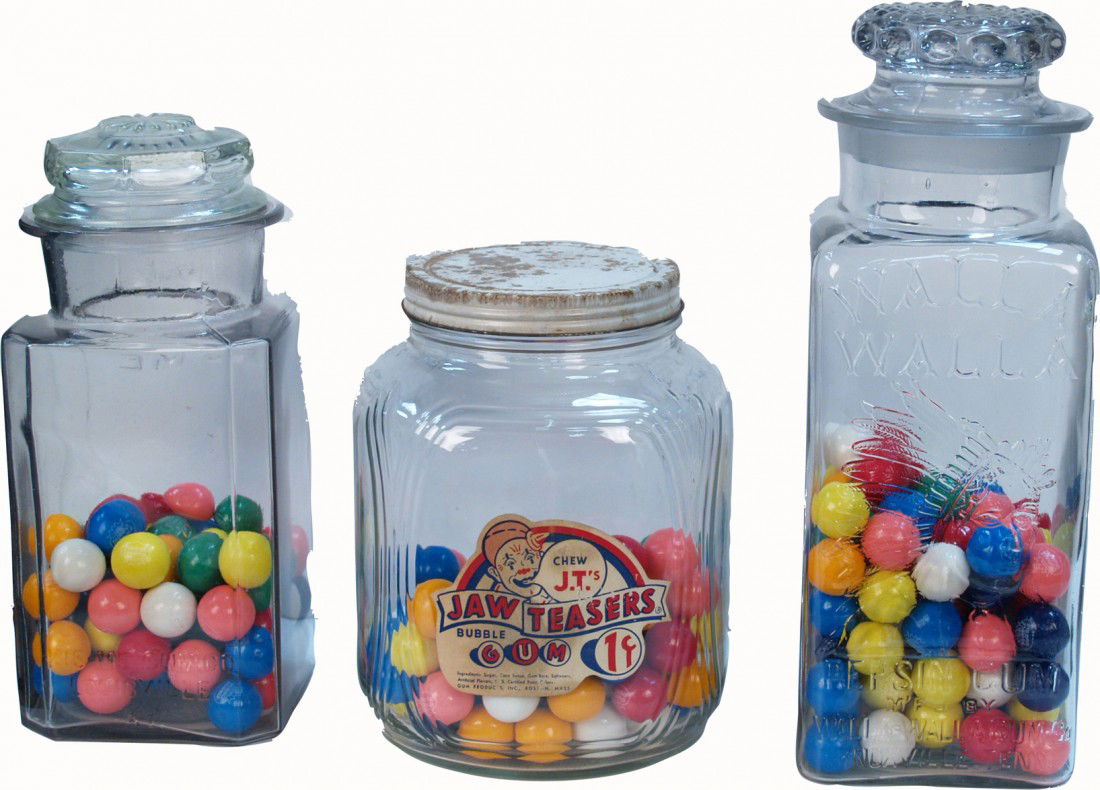 Lot Of 3 Early Country Store Countertop Glass Jars: Lot Of 3 Early Country Store Countertop Glass Jars: 1 - embossed KIS-ME Gum Co. w/ lid & 1 - embossed Walla Walla Pepsin Gum w/ indian w/ lid & 1 - Chew Jaw Teasers w/ tin lid