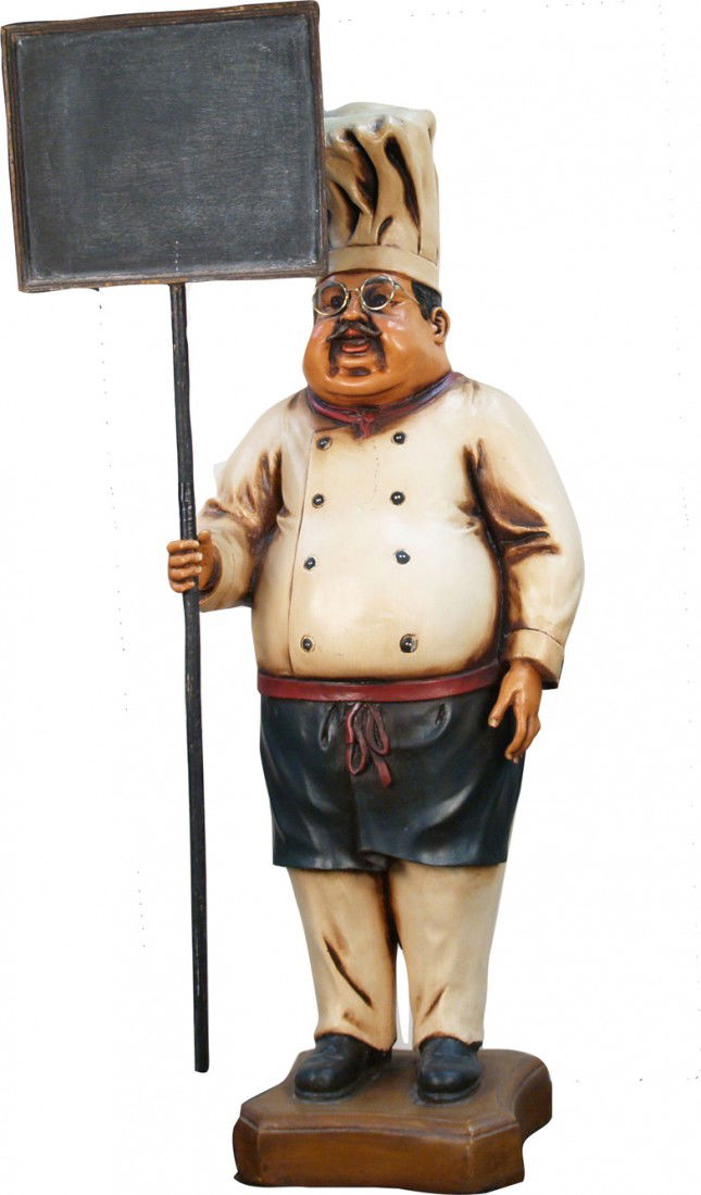 Plaster "Charlie The Chef" Figural Statue w/ Menu: Plaster "Charlie The Chef" Figural Statue w/ Menu Board - 43" tall