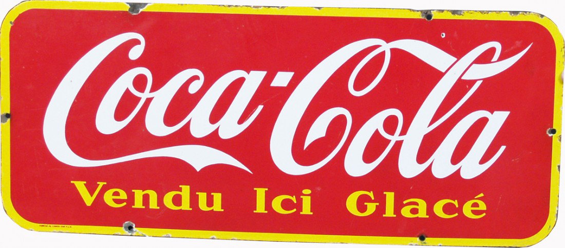 Coca Cola "Vendu Ici Glace" Porcelain Sign: Coca Cola "Vendu Ici Glace" Porcelain Sign, Canada c1948 - 29" x 12"