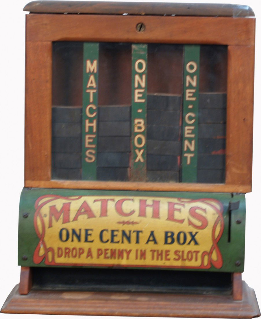 Early Countertop 1 Cent Wood Case, Tin Front Match: Early Countertop 1 Cent Wood Case, Tin Front Match Box 3-Column Vending Machine w/ early match boxes