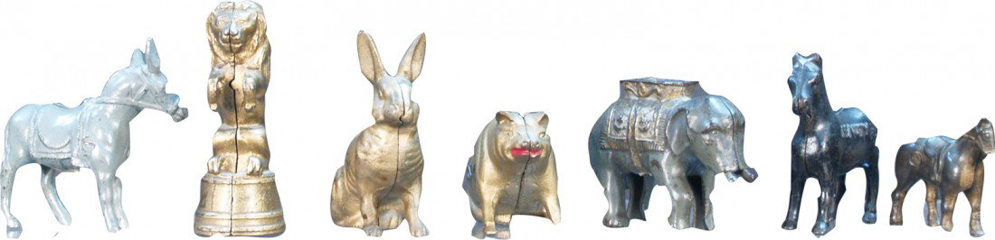 Lot Of 7 Vintage Countertop Cast-Iron Figural Stil: Lot Of 7 Vintage Countertop Cast-Iron Figural Still Banks: 2 - horses (small & big), 1 - donkey, 1 -elephant, 1 - pig, 1 - rabbit & 1 - lion