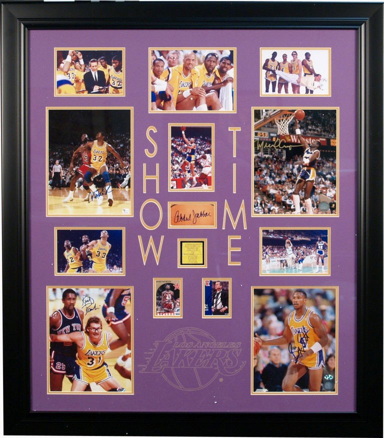Large Framed Los Angeles Lakers "SHOW TIME" Displa: Large Framed Los Angeles Lakers "SHOW TIME" Display, Signed By: Magic Johnson, Kareem Abdul-Jabbar, Byron Scott, Michael Cooper, Kurt Rambis & Pat Riley w/ a piece of the Forum Floor. Global Authentic