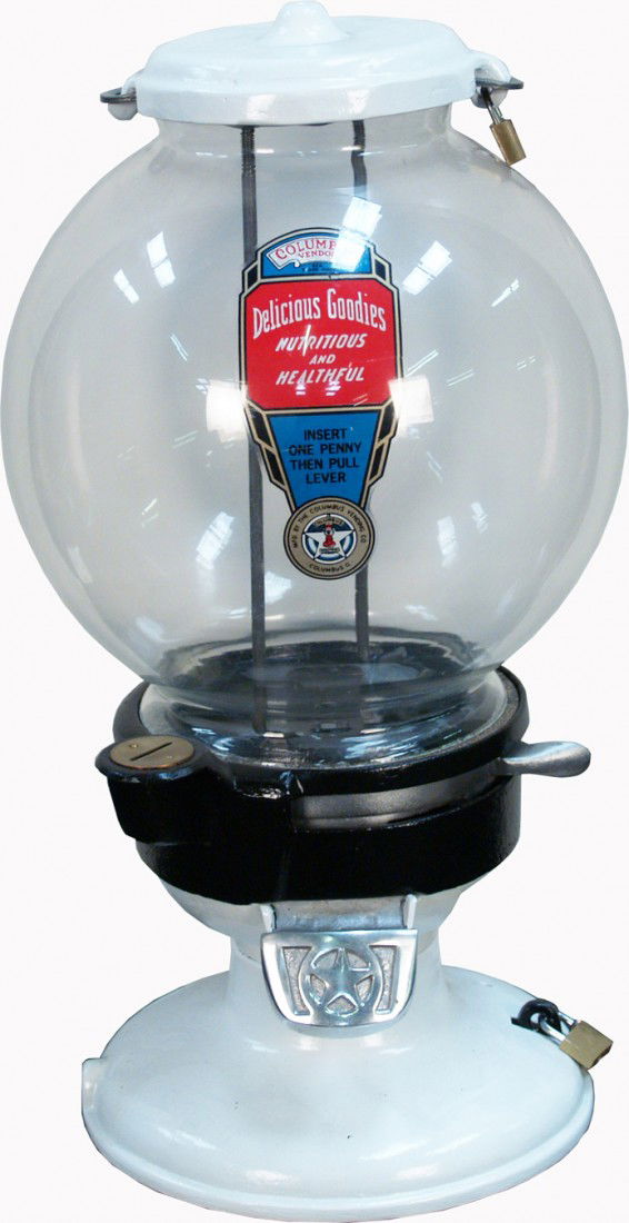 1 Cent Countertop Cast-Iron Base & Top Columbus Mo: 1 Cent Countertop Cast-Iron Base & Top Columbus Model A Peanut Bulk Vending Machine c1920's (repaint) w/ keys