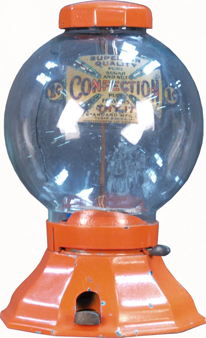 Vintage Countertop Coin-Op Cast-Iron Base & Top "F: Vintage Countertop Coin-Op Cast-Iron Base & Top "Famous 1-2-3 Vendor" Vending Machine c1923 by R.D. Simpson Co. w/ keys