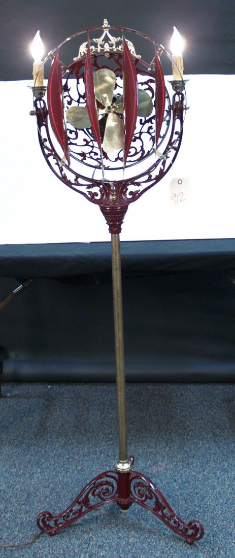 Early Floor Model Cast-Iron & Brass Funeral Parlor: Early Floor Model Cast-Iron & Brass Funeral Parlor Fan, restored - 59" tall