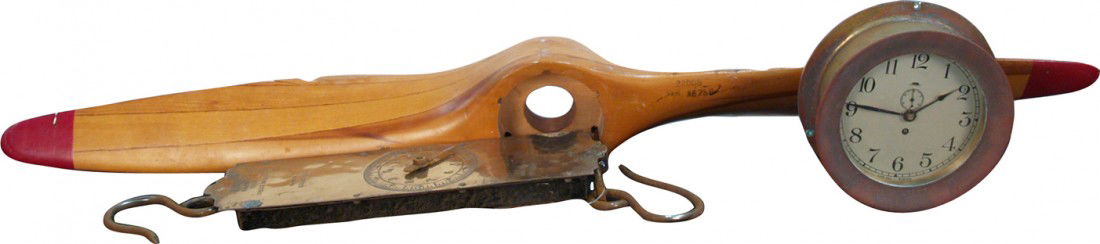 Lot Of 3 Items: 1 - early hanging brass Salter's: Lot Of 3 Items: 1 - early hanging brass Salter's Trade Spring Balance 20lb. scale, Made In England, 1 - vintage brass Chelsea-Boston small nautical clock & 1 - wooden US Propellers Inc. airplane prope