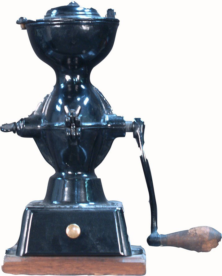 Early Countertop Cast-Iron Small Enterprise Coffee: Early Countertop Cast-Iron Small Enterprise Coffee Grinder on wood base