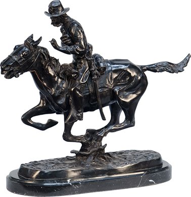 "Trooper Of The Plains" Cowboy On Running Horse Fig: "Trooper Of The Plains" Cowboy On Running Horse Figural Bronze Statue, copy of original Frederic Remington sculpture c1909, on marble base, good condition - 22"w x 20"h