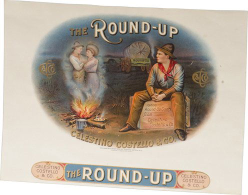 Early "The Round-Up" Cigar Embossed Paper Box Top: Early "The Round-Up" Cigar Embossed Paper Box Top Label, in good condition