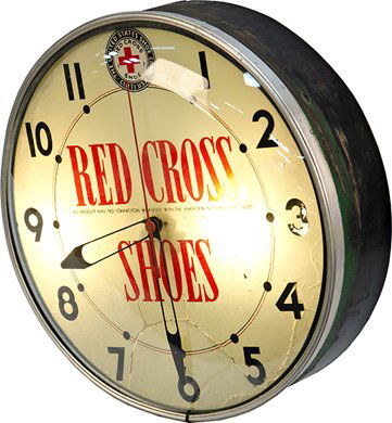 Vintage "Red Cross Shoes" Advertisement Light-Up W: Vintage "Red Cross Shoes" Advertisement Light-Up Wall Clock, works - 15"d