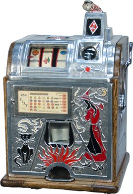 25 Cent O.D. Jennings Victoria "Witch & Black Cat": 25 Cent O.D. Jennings Victoria "Witch & Black Cat" Slot Machine c1930, restored, w/ keys