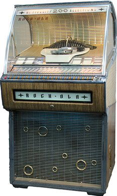 Rock-Ola Hi-Fidelity 200 Selections Model 1455-D J: Rock-Ola Hi-Fidelity 200 Selections Model 1455-D Jukebox c1957, plays 45 RPM records (no records) w/ keys not working