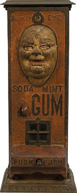 1 Cent Standard Gum Machine Works "Blinkey Eye" So: 1 Cent Standard Gum Machine Works "Blinkey Eye" Soda Mint Gum Vending Machine c1907, embossed cast-iron case. The eyes blink each time a piece of gum was dispensed. In very good original condition, ve