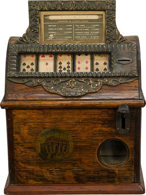 1 Cent Caille Bros. "Good Luck" Poker Hand 5-Reel: 1 Cent Caille Bros. "Good Luck" Poker Hand 5-Reel Card Machine c1904, oak case, in excellent original condition w/ original paper, nice decals, w key - 10"w x 8"d x 14""h