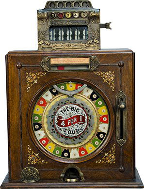 5 Cent Watling MFG. Co. "The Big Four" Counter Sin: 5 Cent Watling MFG. Co. "The Big Four" Counter Single Wheel Slot Machine c1904, works, oak case w/ 1" diam hole on top of case, otherwise in excellent original conditon, rare, w/ key - 21"w x 11"d x 2