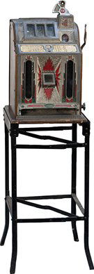 5 Cent Mills Novelty Gooseneck Bell Jackpot Front: 5 Cent Mills Novelty Gooseneck Bell Jackpot Front Vendor Slot Machine c1930, in original condition on stand w/ keys