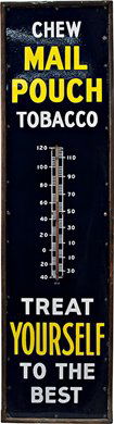 Large Mail Pouch Tobacco Porcelain Thermometer Si: Large Mail Pouch Tobacco Porcelain Thermometer Sign in wood frame, in good condition - 20"w x 73"h