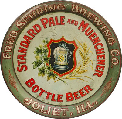Fred Sehring Brewing Co. "Standard Pale And Muenc: Fred Sehring Brewing Co. "Standard Pale And Muenchener Bottle Beer" Round Tin Serving Tray, Joliet, ILL., fair condition - 13"d