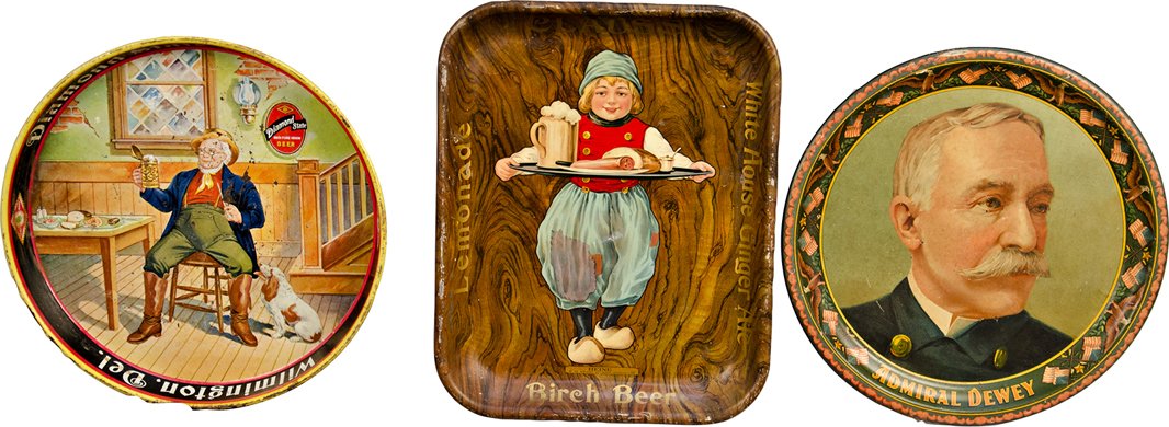 Lot Of 3 Tin Serving Trays: Lot Of 3 Tin Serving Trays: 1 - Diamond State Brewing Inc. deep-dish - 12"d, 1 - Admiral Dewey - 12"d & 1 - Clauss' Birch Beer "Heine" c1915 - 10"w x 14"h, all in fair condition