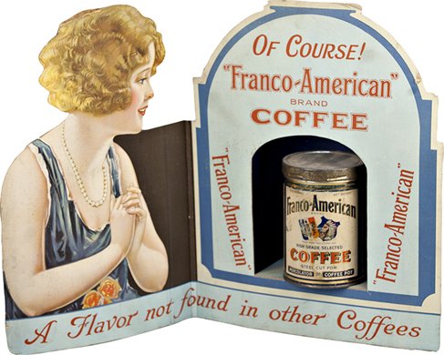 Early "Franco-American" Coffee Store Counter Die-: Early "Franco-American" Coffee Store Counter Die-Cut Cardboard Display, in original condition w/ original coffee can