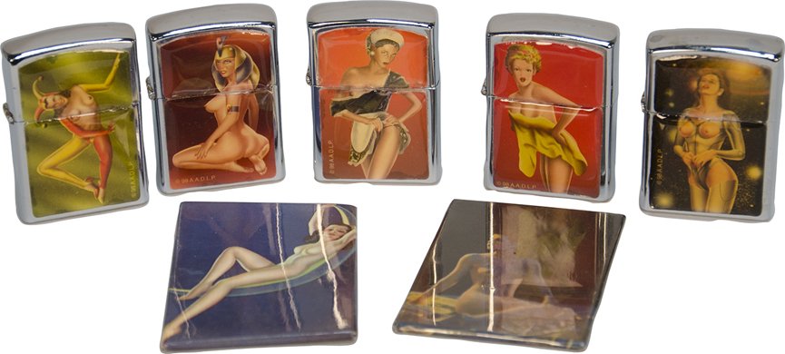 Lot Of 7 Nude Girlie Items:: Lot Of 7 Nude Girlie Items: 5 - flip top Zippo style lighters & 2 - mirrors (1 has crack)