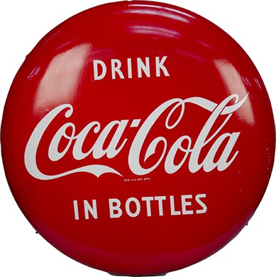 Drink Coca Cola In Bottles Store Front Porcelain : Drink Coca Cola In Bottles Store Front Porcelain Button Sign w/ mount brackets, in good condition - 36"d