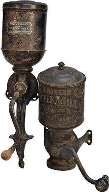 Lot Of 2 Antique Wall Mount Coffee Mills:: Lot Of 2 Antique Wall Mount Coffee Mills: 1 - Universal -012- Coffee Mill by Landers Frary & Clark & 1 - Canister Coffee Mill by Wilmont Castle Company, both in original condition