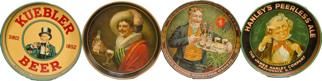 Lot Of 4 Round Deep-Dish Tin Serving Trays: Lot Of 4 Round Deep-Dish Tin Serving Trays: 1 - Kuebler Brewing Company, Inc., 1 - The James Hanley Company, 1 - Olympia & 1 - Stroh's Bohemian Beer, all in fair condition - each 12"d