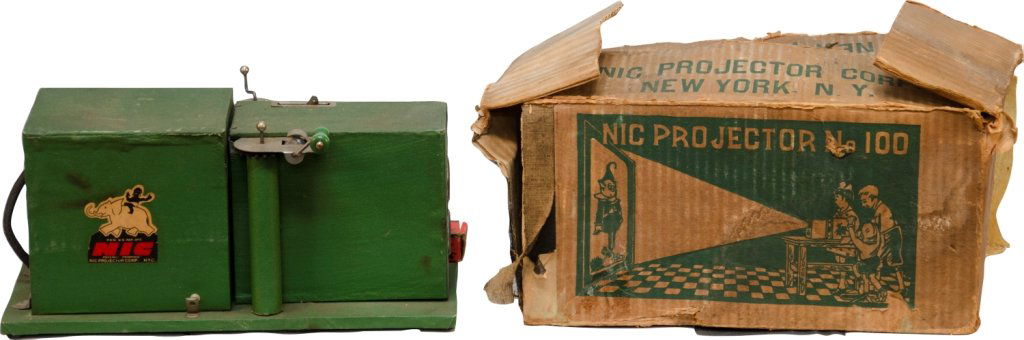 Vintage Green Toy Box Projector w/3 Rolls of Childr: Vintage Green Toy Box Projector w/3 Rolls of Children's Projector Films - "Adventures of Billy Bear", "Hunting in Africa" & "Adventures of Blotto" cartoon projection films - NIC Projector Corp. No. 10