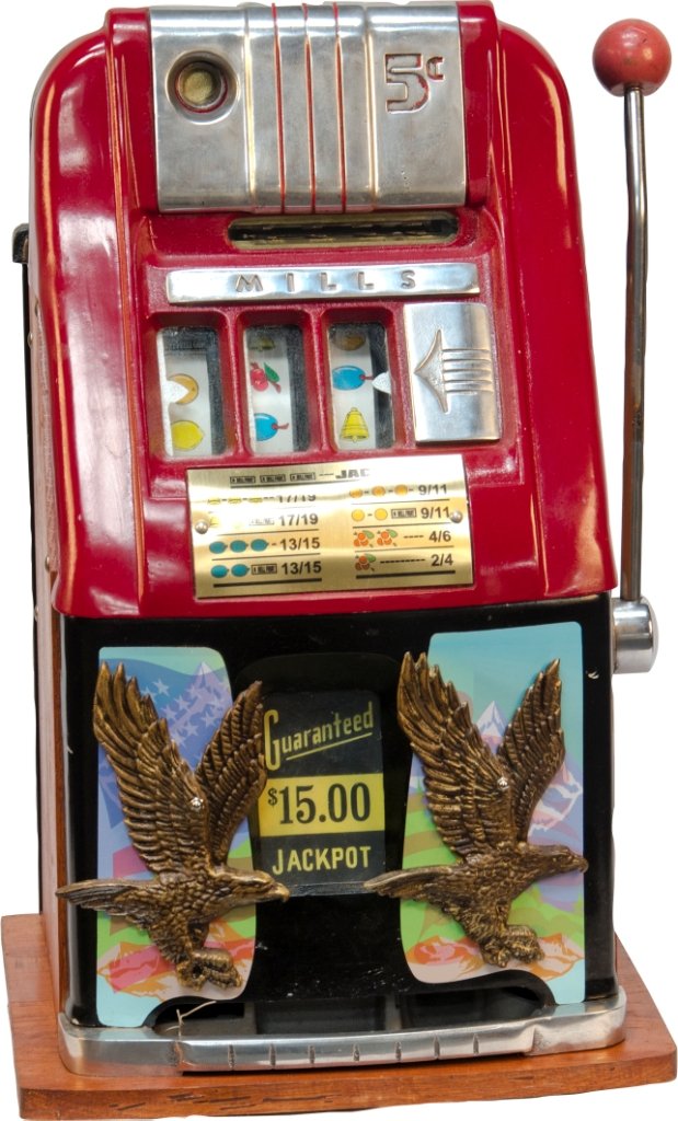 5 Cent Mills Novelty Hi-Top Jackpot Slot Machine c: 5 Cent Mills Novelty Hi-Top Jackpot Slot Machine c1952 w/ eagle motif, free play w/ key