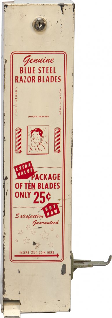 25 Cent "Genuine Blue Steel Razor Blades" Wall Mou: 25 Cent "Genuine Blue Steel Razor Blades" Wall Mount Metal Razor Blade Vending Machine, in working condition, w/ key