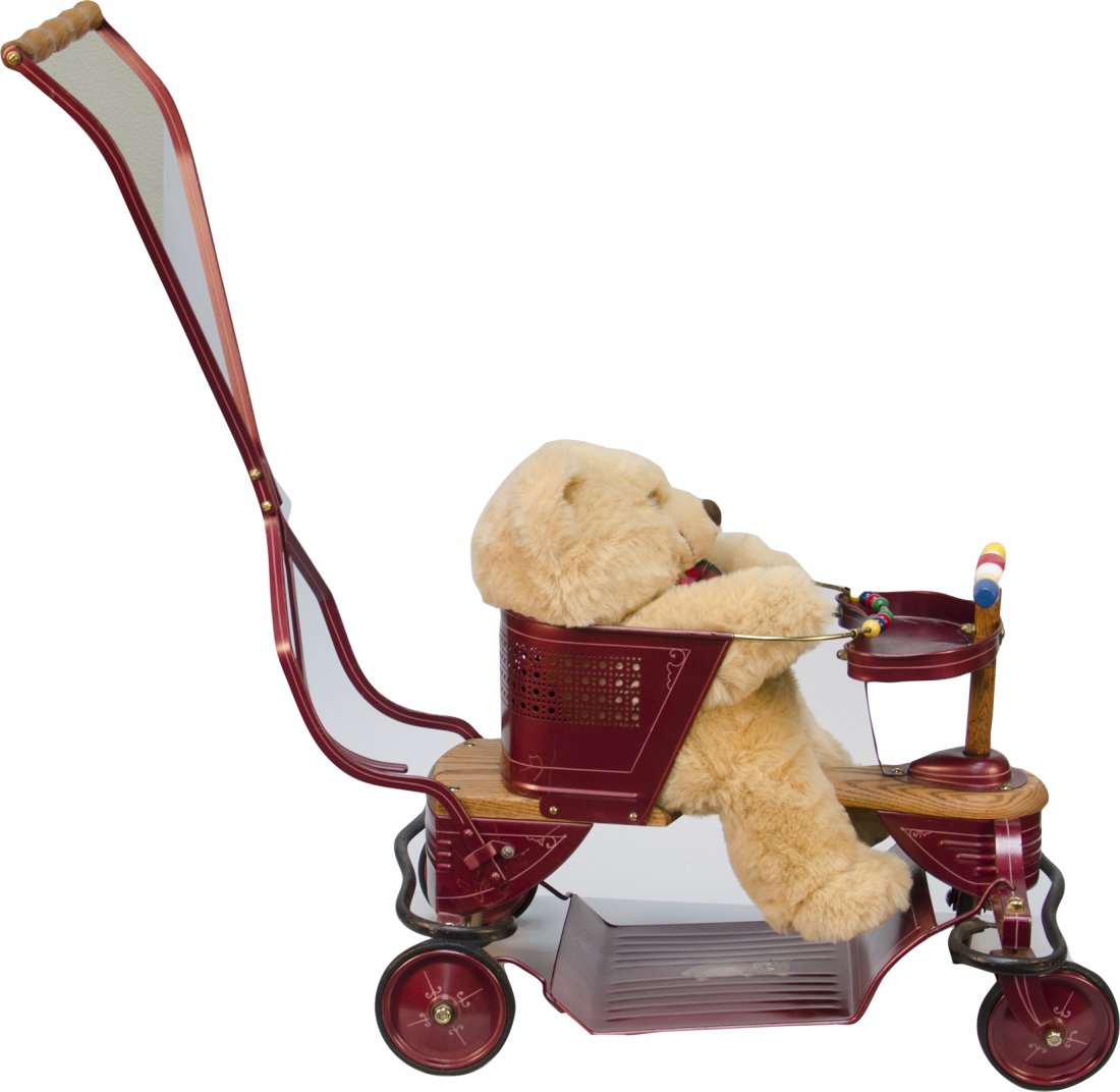 Vintage Baby Stroller w/ Teddy Bear: Vintage Baby Stroller w/ Teddy Bear - wood and metal w/ pinstriping, child's games at front of stroller c1940s