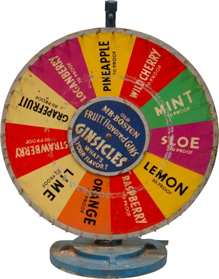 Vintage Prohibition-Era GINSICLES Roulette Wheel b: Vintage Prohibition-Era GINSICLES Roulette Wheel by Ben-Burk Inc., Boston Mass. - "Old Mr. Boston Fruit-Flavored Gins - Ginsicles - What's Your Flavor" in wheel center w/ various flavors & liquor proo
