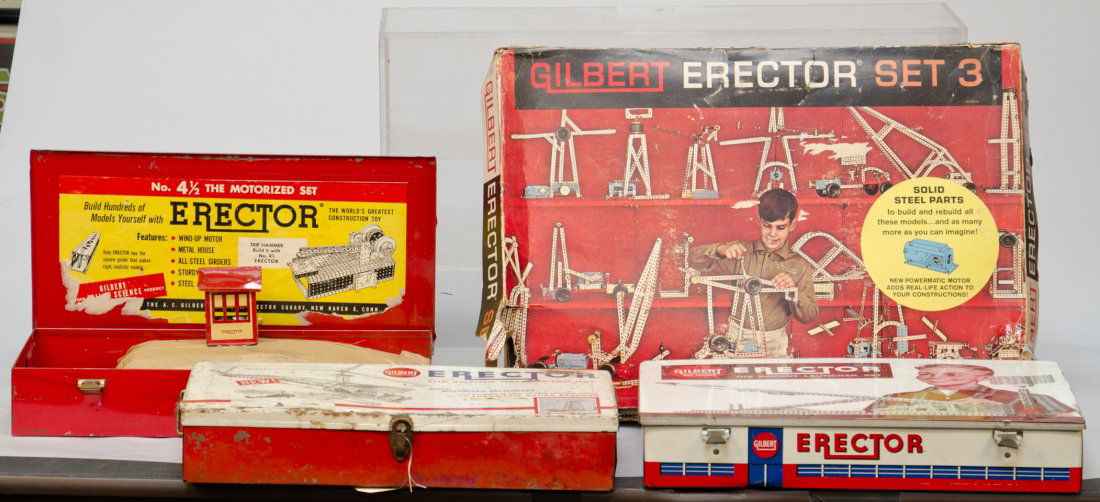 Lot Of 4 Vintage Gilbert Erector Sets: Lot Of 4 Vintage Gilbert Erector Sets: 1 - No. 4-1/2 The Motorized Set, 1 - No. 10181 The Action Helicopter Set, 1 - No. 10053 The Rocket Launcher Set & 1 - Erector Set 3, all in original condition (m