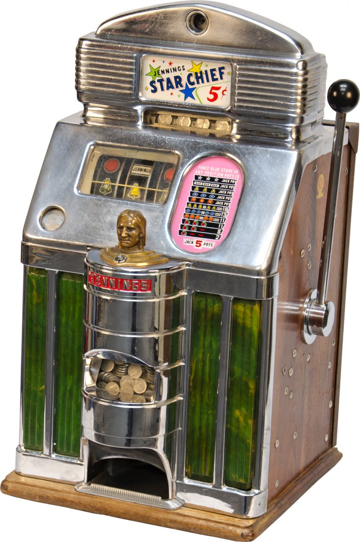 5 Cent O.D. Jennings Star Chief Light-Up Slot Mach: 5 Cent O.D. Jennings Star Chief Light-Up Slot Machine, c1949, in original woking condition