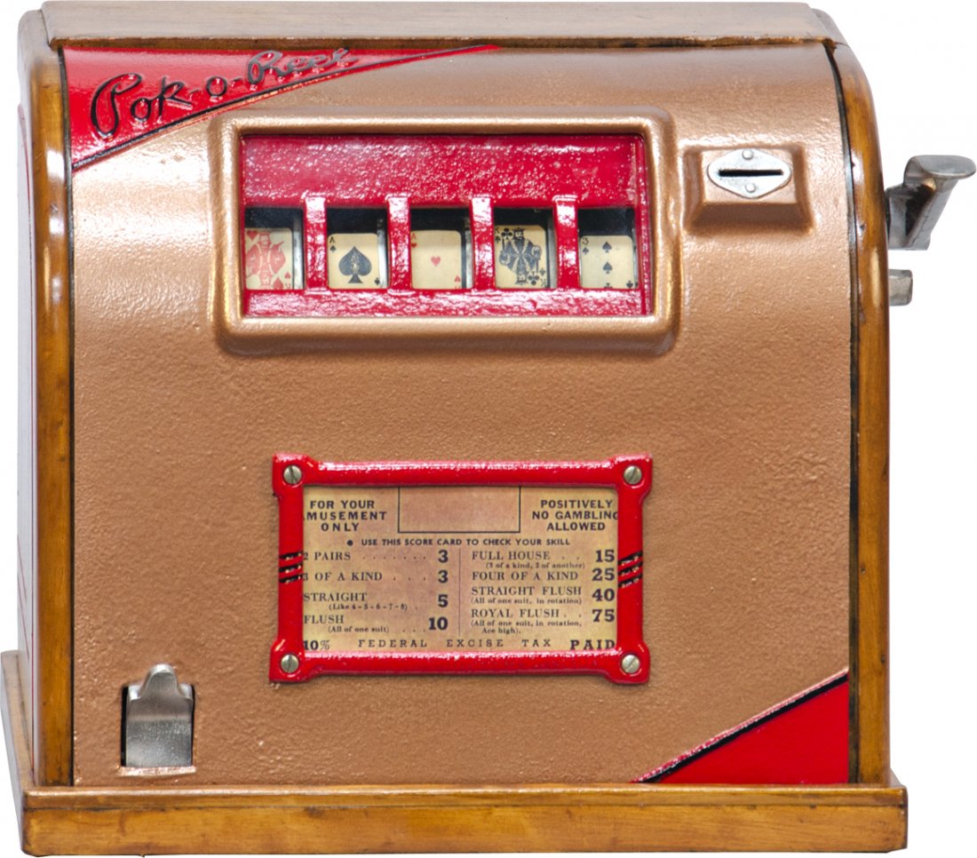 Coin-Op "Pok-O-Reel" Poker Hand 5-Reel Trade Stimu: Coin-Op "Pok-O-Reel" Poker Hand 5-Reel Trade Stimulator, gumball vendor, in working condition, w/ key