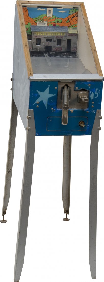 5 Cent U.S. Marshall Pistol Target Shooting Skill : 5 Cent U.S. Marshall Pistol Target Shooting Skill Game, c1950's, by A.B.T. MFG. Co. "Silver Dollar" Saloon, on legs w/ key