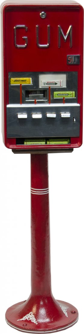 5 Cent "Superior MFG. Gum" Metal 4-Column Vending: 5 Cent "Superior MFG. Gum" Metal 4-Column Vending Machine by Superior MFG. Co. Evanston, ILL. on cast-iron stand w/ key