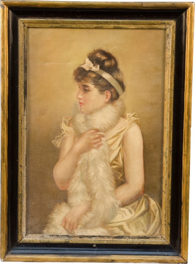 Woman w/ Feather Boa Oil Painting in Wood Frame, C: Woman w/ Feather Boa Oil Painting in Wood Frame, Consignor claims painting is from Silver Slipper Casino in Las Vegas, NV - 21" x 29"