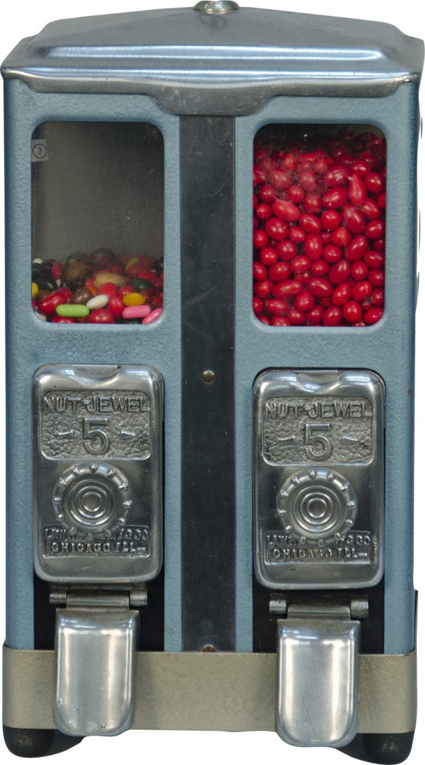 5 Cent "Lawrence Nut-Jewel" 2-Compartment Bulk Ve: 5 Cent "Lawrence Nut-Jewel" 2-Compartment Bulk Vending Machine c1940's by Lawrence MFG. Co.,in working condition, w/ key