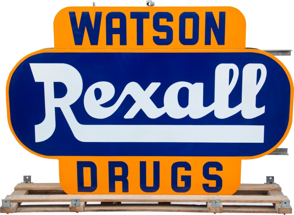 Large Rexall "Watson Drugs" Double-sided 3D Sign i: Large Rexall "Watson Drugs" Double-sided 3D Sign in orange, blue, and white - Good condition - 72" x 5" x 48"h