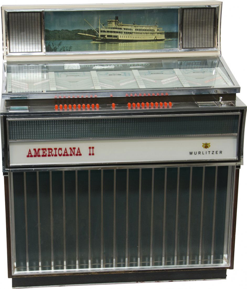 Wurlitzer Multi-Selector Phonograph Model 3210 Juk: Wurlitzer Multi-Selector Phonograph Model 3210 Jukebox, c1968, "Americana II", plays 45 RPM records w/ a few records w/ key