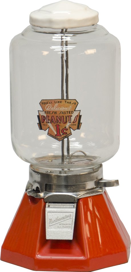 1 Cent "Northwestern 33 Peanut" Bulk Vending Machi: 1 Cent "Northwestern 33 Peanut" Bulk Vending Machine, c1933, by Northwestern Corp., porcelain base & lid, restored, in working condition, w/ correct bottom lock & key