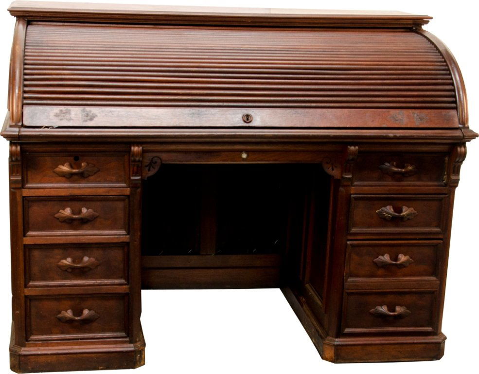 Antique Walnut Roll-Top Desk Stamped T.G. Sellew 1: Antique Walnut Roll-Top Desk Stamped T.G. Sellew 111 Fulton St. NY., 19th century, in nice original condition