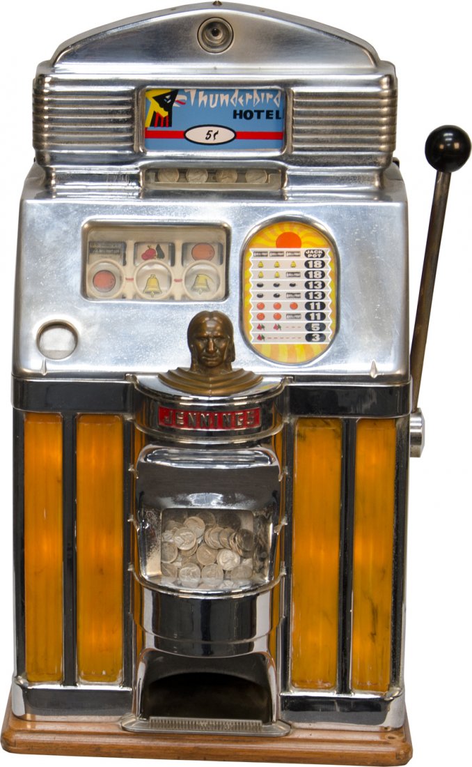 5 Cent O.D. Jennings Sun Chief "Thunderbird Hotel": 5 Cent O.D. Jennings Sun Chief "Thunderbird Hotel" Light-Up Slot Machine, c1949, in working condition