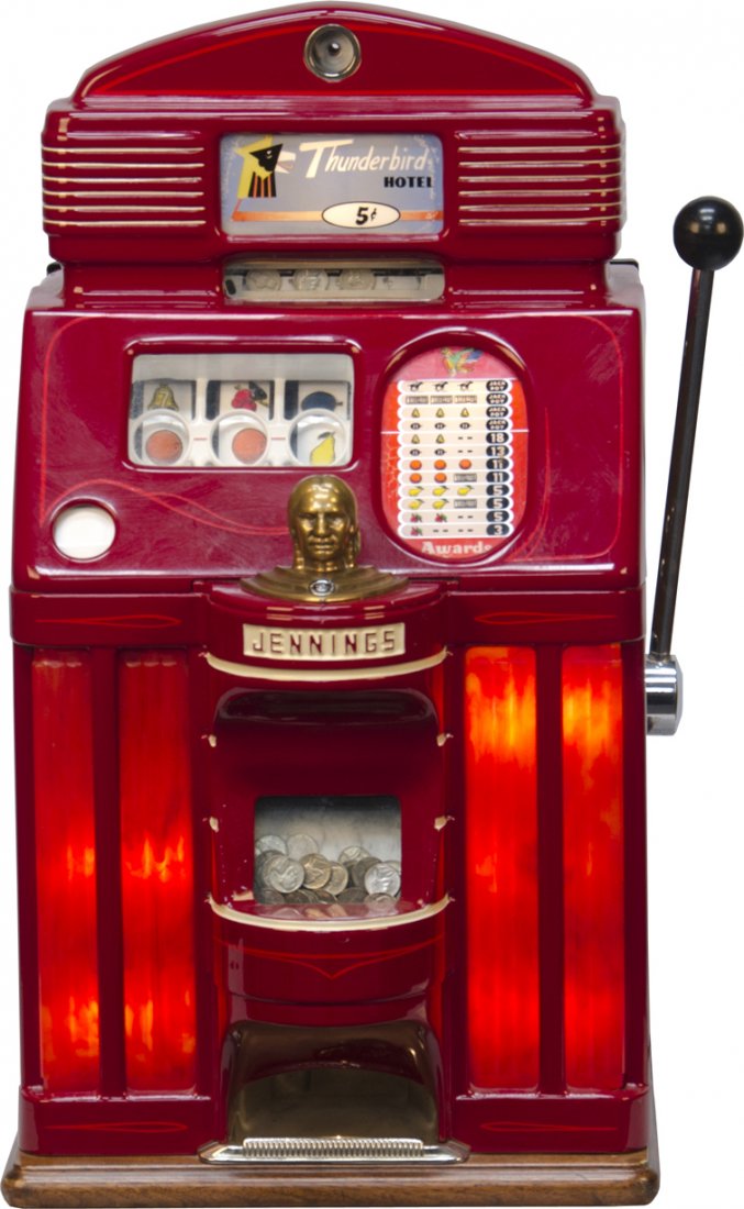 5 Cent O.D. Jennings Star Chief "Thunderbird Hote: 5 Cent O.D. Jennings Star Chief "Thunderbird Hotel" Light-Up Slot Machine c1958, in working condition, w/ key